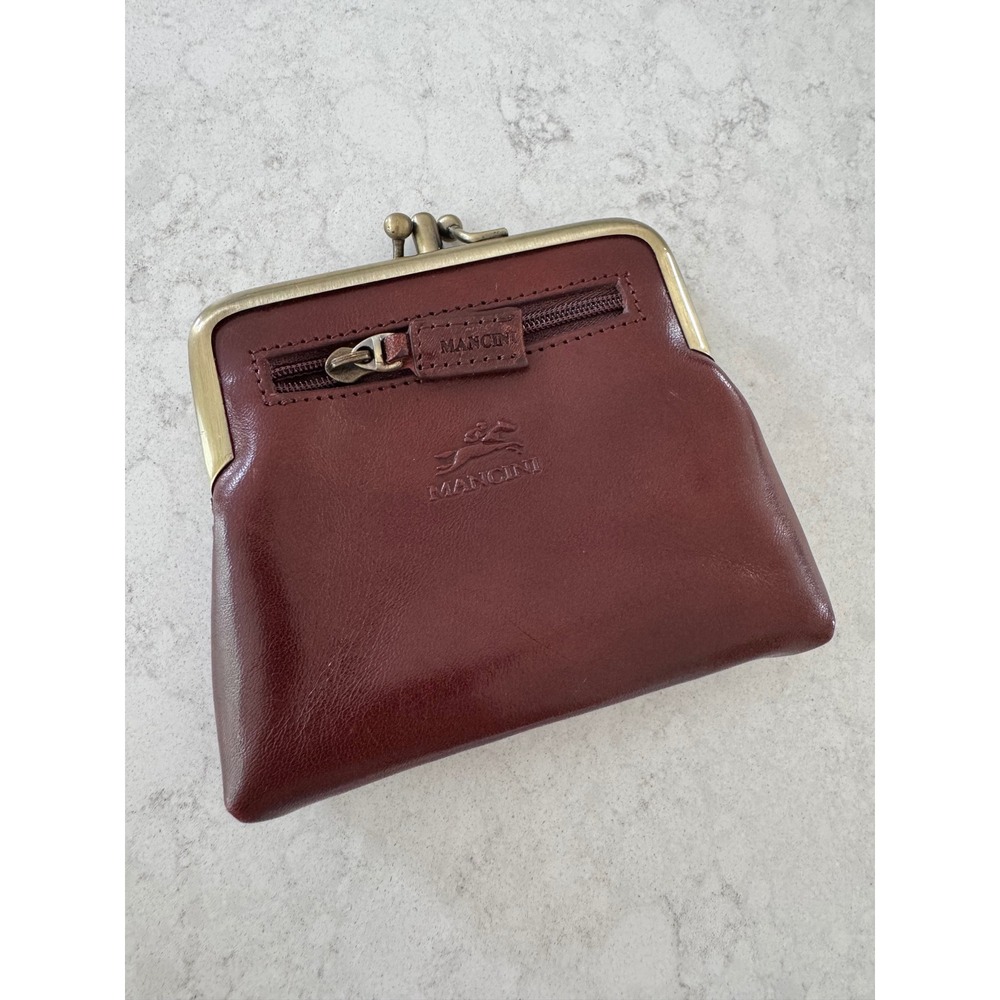 Mancini Burgundy Italian Leather Double Kiss Lock Coin Purse Wallet Vintage